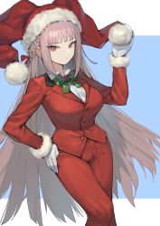 Rule 34 | 1girl, absurdres, blue background, bow, bowtie, braid, commentary, fate/grand order, fate (series), florence nightingale (fate), florence nightingale (santa) (fate), french braid, fur-trimmed sleeves, fur trim, gloves, green bow, green bowtie, grey hair, hand on own hip, hat, highres, long hair, long sleeves, pom pom (clothes), red eyes, romana, santa costume, santa hat, solo, two-tone background, very long hair, white background, white gloves