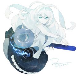 Rule 34 | 10s, 1girl, abyssal ship, ahoge, artist name, blue eyes, colored skin, dated, highres, huge ahoge, kantai collection, long hair, new submarine princess, rota (bitmap1022), simple background, smile, solo, torpedo, white background, white hair, white skin, wrist cuffs