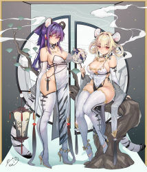 Rule 34 | 2girls, absurdres, animal ears, bare shoulders, blonde hair, blush, boots, breasts, china dress, chinese clothes, cleavage, closed mouth, detached sleeves, dress, full body, high heels, highres, large breasts, long hair, long sleeves, looking at viewer, multiple girls, obiwan, original, purple hair, red eyes, sitting, smile, smoke, standing, tail, thigh boots, thighhighs, thighs, tiger tail, weisuoxin, white dress, white footwear