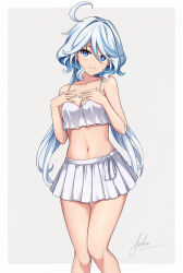 Rule 34 | 1girl, absurdres, ahoge, aoikito lavender086, bare arms, bare shoulders, blue eyes, blue hair, breasts, camisole, cleavage, collarbone, commentary request, crop top, feet out of frame, furina (genshin impact), genshin impact, grey background, hair between eyes, hands on own chest, head tilt, highres, long hair, looking at viewer, midriff, miniskirt, navel, no headwear, pleated skirt, simple background, skirt, skirt set, small breasts, solo, spaghetti strap, standing, stomach, thighs, very long hair, white skirt