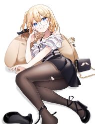 Rule 34 | 1girl, absurdres, bag, blonde hair, blue eyes, casual, frills, glasses, grin, hair ornament, hairclip, handbag, high heels, highres, hololive, hololive english, holomyth, jewelry, key, key necklace, lying, necklace, on back, pantyhose, peneko, pillow, round eyewear, side ponytail, smile, smol ame, solo, torn clothes, torn pantyhose, virtual youtuber, walfie (style), watson amelia, watson amelia (street casual)