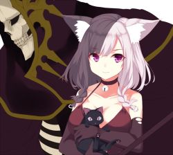 Rule 34 | 1girl, 3:, animal, animal ears, bad id, bad twitter id, bare shoulders, bell, black cat, black gloves, braid, breasts, cat, cat ears, choker, cleavage, cloak, closed mouth, collarbone, copyright request, death (entity), dress, elbow gloves, eyebrows, fur, gloves, holding, holding animal, hollow eyes, hood, hooded cloak, jingle bell, large breasts, lips, looking at viewer, multicolored hair, neck bell, pink eyes, pink hair, red dress, short braid, short hair, simple background, skull, sleeveless, sleeveless dress, smile, spaghetti strap, takehana note, teeth, twin braids, two-tone hair, upper body, white background