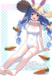 Rule 34 | 1girl, absurdres, animal ears, arm support, ayamy, bare shoulders, barefoot, blue hair, blush, braid, breasts, brown eyes, carrot, carrot hair ornament, character name, cleavage, collarbone, covered navel, feet, food, food-themed hair ornament, full body, hair ornament, hat, highres, hololive, long hair, looking at viewer, medium breasts, open mouth, rabbit ears, ribbon, scan, simple background, sitting, smile, soles, solo, sun hat, swimsuit, teeth, thighs, toes, twin braids, twintails, upper teeth only, usada pekora, virtual youtuber, white hair, white swimsuit