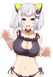 Rule 34 | 1girl, :d, absurdres, animal ears, bell, bikini, blue eyes, blush, bow, breasts, cat ears, cat lingerie, cleavage, cleavage cutout, clothing cutout, fake animal ears, fang, half-closed eyes, highres, jingle bell, kaguya luna, looking at viewer, meme attire, minami osu, navel, neck bell, open mouth, paw pose, side-tie bikini bottom, smile, solo, sweater, swimsuit, teeth, the moon studio, twintails, virtual youtuber