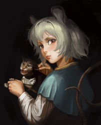 Rule 34 | 1girl, amibazh, animal ears, capelet, cat, closed mouth, fine art parody, from behind, long sleeves, looking at viewer, looking back, mouse ears, mouse tail, nazrin, parody, red eyes, short hair, silver hair, solo, tail, touhou, upper body