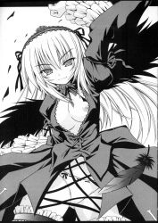 Rule 34 | 00s, 1girl, breasts, dress, frilled legwear, frills, greyscale, hairband, highres, large breasts, long hair, matra milan, monochrome, nipples, panties, rozen maiden, solo, suigintou, underwear, wings