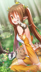Rule 34 | 1girl, animal, animal on head, animal on lap, animal on shoulder, back, bare shoulders, bird, breasts, brown eyes, brown hair, choker, day, detached sleeves, elf, flower, forest, full body, hair ribbon, hamster, highres, long hair, looking at viewer, nature, nowa (queen&#039;s blade), nowa (queen&#039;s blade unlimited), official art, on head, on lap, one eye closed, open mouth, pink flower, pointy ears, pouch, queen&#039;s blade, queen&#039;s blade unlimited, queen&#039;s blade white triangle, rabbit, revealing clothes, ribbon, sitting, skirt, small breasts, solo, thighhighs, tree, twintails, very long hair, wariza, weapon, yellow skirt, yellow thighhighs