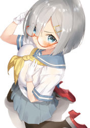 Rule 34 | 10s, 1girl, bespectacled, black pantyhose, blue eyes, blush, breasts, eyes visible through hair, glasses, gloves, hair ornament, hair over one eye, hairclip, hamakaze (kancolle), highres, jonsun, kantai collection, large breasts, looking at viewer, looking up, neckerchief, pantyhose, pleated skirt, red-framed eyewear, school uniform, semi-rimless eyewear, serafuku, short hair, silver hair, simple background, skirt, solo, under-rim eyewear, white background, white gloves, yellow neckerchief