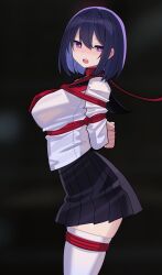 Rule 34 | 1girl, absurdres, arms behind back, bdsm, black skirt, blue hair, bob cut, bondage, bound, breasts, collar, dark blue hair, falken (yutozin), highres, large breasts, leash, original, pleated skirt, purple eyes, red collar, red rope, red sailor collar, rope, sailor collar, school uniform, shirt, skirt, thighhighs, white shirt, white thighhighs