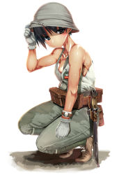Rule 34 | 1girl, absurdres, bayonet, black eyes, black hair, blush, commentary, gloves, helmet, highres, imperial japanese army, load bearing equipment, looking at viewer, military, original, pith helmet, pouch, samazuka mashiro, sheath, sheathed, short hair, solo, squatting, sweat, tank top, watch, weapon, white background, white gloves, world war ii, wristwatch