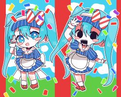 Rule 34 | 1girl, apron, arm up, back bow, black eyes, black mouth, blue dress, blue eyes, blue hair, blue hat, blush stickers, bow, commentary, dress, hair bow, hat, hatsune miku, highres, long hair, mesmerizer (vocaloid), multiple views, open mouth, pinstripe dress, pinstripe hat, pinstripe pattern, puffy short sleeves, puffy sleeves, roller skates, sharp teeth, short sleeves, skates, smile, sparkling eyes, striped bow, teeth, twintails, uryuta, v, very long hair, visor cap, vocaloid, waist apron, white apron