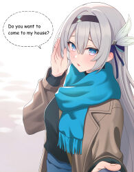 Rule 34 | 1girl, absurdres, alternate costume, black hairband, black sweater, blue eyes, blue scarf, blue skirt, blush, breasts, brown coat, coat, collared coat, commentary, english text, fingernails, firefly (honkai: star rail), freerun79, grey hair, hair between eyes, hair ornament, hair ribbon, hairband, hand up, highres, honkai: star rail, honkai (series), leaf hair ornament, long hair, long sleeves, looking at viewer, medium breasts, multicolored eyes, open clothes, open coat, open mouth, pink eyes, purple ribbon, ribbon, scarf, sidelocks, simple background, skirt, snow, solo, speech bubble, standing, sweater, symbol-only commentary, turtleneck, turtleneck sweater, white background