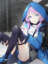 Rule 34 | against glass, arknights, belt, belt pouch, black choker, black shorts, black thighhighs, blue eyes, blue footwear, blue jacket, blue poison (arknights), blue poison (elite ii) (arknights), bright pupils, choker, collared shirt, cup, drink, drinking glass, highres, holding, holding cup, hood, hood up, hooded jacket, jacket, knees up, long hair, long sleeves, low twintails, on floor, open mouth, panties, pink hair, pouch, sasasa (nashi), shirt, shorts, sitting, suspender shorts, suspenders, thighhighs, twintails, underwear, upshorts, white panties, white shirt, zipper pull tab