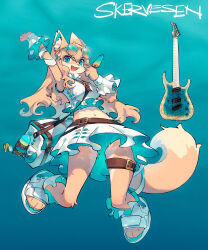 Rule 34 | 1girl, :d, absurdres, animal ear fluff, animal ears, arm up, bag, belt, blonde hair, blue-tinted eyewear, blue background, blue eyes, blue theme, body fur, commentary, crop top, dog ears, dog girl, dog tail, eyewear on head, fangs, fewer digits, food, frilled footwear, frilled shirt, frilled shirt collar, frills, from below, fruit hair ornament, full body, furry, furry female, guitar, hair ornament, hairclip, highres, holding, holding food, holding popsicle, instrument, jumping, long hair, looking at viewer, midair, navel, open mouth, original, outstretched arm, personification, popsicle, sandals, shiiorina, shirt, simple background, skirt, smile, solo, sunglasses, symbol-only commentary, tail, thigh belt, thigh strap, tinted eyewear, toeless footwear, two-sided fabric, wavy hair, white footwear, white shirt, white skirt, wrist cuffs, yellow fur