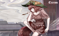 Rule 34 | 1girl, absurdres, animal ears, architecture, artist name, brown eyes, brown hair, brown shirt, brown skirt, closed mouth, cloud, cloudy sky, east asian architecture, futatsuiwa mamizou, glasses, grey sky, highres, holding, holding smoking pipe, kiseru, leaf, leaf on head, outdoors, raccoon ears, raccoon girl, raccoon tail, shirt, short hair, short sleeves, skirt, sky, smoke, smoking, smoking pipe, solo, tail, top-exerou, touhou