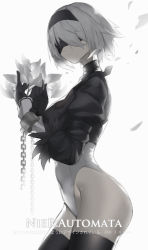 Rule 34 | 1girl, absurdres, backlighting, black thighhighs, blindfold, breasts, contrapposto, copyright name, covered navel, cowboy shot, cuffs, flower, from side, gloves, hairband, highres, juliet sleeves, leotard, long sleeves, looking at viewer, medium breasts, nier (series), nier:automata, puffy sleeves, qtian, ribbon-trimmed sleeves, ribbon trim, shackles, silver hair, solo, thighhighs, 2b (nier:automata)