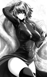 Rule 34 | 1girl, breasts, coat, covered navel, dress, fubuki (one-punch man), fur coat, greyscale, large breasts, long sleeves, looking at viewer, monochrome, one-punch man, short hair, smile, solo, taut clothes, taut dress, thighs, zucchini