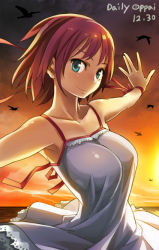 Rule 34 | 1girl, aqua eyes, bail, bare shoulders, bird, brown hair, cloud, dress, green eyes, looking at viewer, original, outstretched arms, red hair, ribbon, short hair, sky, smile, solo, spread arms
