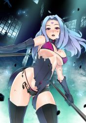 Rule 34 | 1girl, aderfabill, bare shoulders, bikini, bikini top only, blue hair, blush, breasts, covered erect nipples, highres, large breasts, long hair, looking at viewer, noella, open mouth, polearm, purple eyes, solo, spear, swimsuit, thighhighs, torn clothes, unlight, weapon