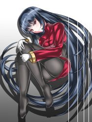 Rule 34 | 1girl, black pantyhose, blue hair, breasts, closed mouth, creatures (company), dark blue hair, game freak, gloves, gradient background, gym leader, hand on own knee, highres, long hair, long sleeves, looking at viewer, medium breasts, miniskirt, nintendo, no shoes, pantyhose, pokemon, pokemon frlg, red eyes, red skirt, sabrina (pokemon), silhouette, skirt, smile, solo, sumida kichi, turtleneck, very long hair, white gloves