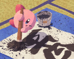 Rule 34 | blue eyes, blush stickers, bucket, calligraphy, calligraphy brush, ink, kakizome, kirby, kirby (series), miclot, nintendo, no humans, one eye closed, open mouth, paintbrush, pink footwear, shoes, splatter