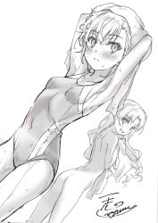 Rule 34 | 2girls, arms up, ass, blush, bob cut, breasts, closed mouth, cowboy shot, drooling, drying, drying hair, dutch angle, expressionless, greyscale, hair ornament, holding, holding towel, isshi pyuma, long hair, looking afar, looking at another, looking back, misaka mikoto, monochrome, multiple girls, nude, open mouth, parted hair, shirai kuroko, short hair, signature, small breasts, smile, swimsuit, toaru kagaku no railgun, toaru majutsu no index, towel, twintails, wet, white background