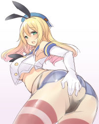 Rule 34 | 1girl, ass, atago (kancolle), bad id, bad pixiv id, black panties, blonde hair, blush, breasts, cosplay, elbow gloves, gloves, green eyes, hairband, hat, kantai collection, large breasts, long hair, looking at viewer, nekoume, panties, pantyshot, personification, shimakaze (kancolle), shimakaze (kancolle) (cosplay), sketch, skirt, smile, solo, striped clothes, striped thighhighs, thighhighs, underwear, upskirt, white gloves