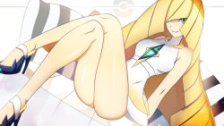 Rule 34 | 1girl, arm at side, bare legs, bare shoulders, black footwear, blonde hair, breasts, character name, closed mouth, creatures (company), crossed legs, dress, game freak, gold trim, head tilt, high heels, highres, long hair, looking at viewer, lusamine (pokemon), mature female, nintendo, no legwear, no socks, parted lips, pillow, pokemon, pokemon sm, see-through, shiny skin, shoes, sitting, sleeveless, sleeveless dress, small breasts, smile, solo, teeth, text focus, very long hair, vivivoovoo, white dress