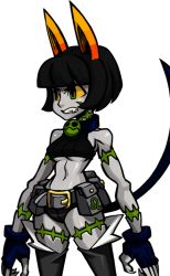 Rule 34 | 1girl, alex ahad, alternate color, angry, animal ears, bare shoulders, bell, neck bell, belt, belt pouch, black hair, bob cut, breasts, buckle, buttons, cat ears, cat girl, cat tail, claws, clenched teeth, collar, colored sclera, colored skin, cowboy shot, crop top, fang, female focus, fingerless gloves, fingernails, gloves, green eyes, grey skin, grin, homestuck, jewelry, midriff, ms. fortune (skullgirls), necklace, nepeta leijon, official art, pale skin, pendant, pocket, pouch, scar, sharp fingernails, short hair, short shorts, shorts, skullgirls, smile, solo, tail, tattoo, teeth, third-party edit, transparent background, underboob, yellow sclera
