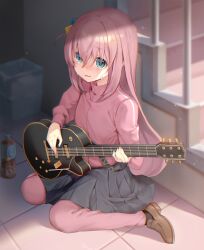 Rule 34 | 1girl, absurdres, black socks, blue eyes, bocchi the rock!, bottle, brown footwear, cube hair ornament, drink, electric guitar, gibson les paul, gotoh hitori, grey skirt, guitar, hair between eyes, hair ornament, highres, holding, holding instrument, indoors, instrument, jacket, loafers, long hair, long sleeves, looking at viewer, music, nogi momoko, one side up, open mouth, pants, pants under skirt, pink hair, pink jacket, pink pants, playing instrument, pleated skirt, shoes, skirt, socks, solo, stairs, sweat, track jacket, track pants