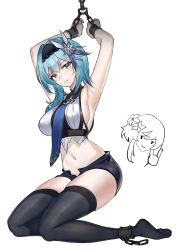 Rule 34 | 1girl, armpits, arms up, bare shoulders, black hairband, black shorts, black thighhighs, blue hair, blue necktie, blush, bound, bound wrists, breasts, chain, closed mouth, cuffs, eula (genshin impact), flower, genshin impact, hair flower, hair ornament, hairband, highres, large breasts, looking at viewer, lumine (genshin impact), medium hair, midriff, multicolored eyes, navel, necktie, purple eyes, shackles, shorts, sleeveless, smile, solo, srpzk, sweat, thighhighs, thighs, torn clothes, white background, yellow eyes