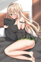 Rule 34 | 1girl, absurdres, ahoge, artist request, ass, bare shoulders, barefoot, blonde hair, blush, breasts, girls&#039; frontline, green eyes, highres, large breasts, long hair, looking at viewer, one eye closed, open mouth, pillow, rfb (girls&#039; frontline), shiny skin, sideboob, skirt, solo, waking up