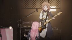 Rule 34 | 2girls, artist request, bang dream!, bang dream! it&#039;s mygo!!!!!, black dress, blue eyes, blush, brown hair, chihaya anon, clothing cutout, commission, dress, guitar, highres, holding, holding guitar, holding instrument, instrument, kneeling, light particles, long hair, long sleeves, microphone, microphone stand, multiple girls, nagasaki soyo, pink hair, second-party source, shoulder cutout, smile, two-tone dress, white dress