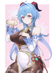Rule 34 | 1girl, absurdres, ahoge, bare shoulders, bell, black pantyhose, blue hair, blush, bottle, breasts, chinese knot, covered erect nipples, detached sleeves, flower knot, ganyu (genshin impact), genshin impact, gold trim, hand on own chest, highres, horns, long hair, looking at viewer, medium breasts, milk bottle, neck bell, no gloves, pantyhose, purple eyes, rain (huazhong rain), sidelocks, solo, spilled milk, tassel, thighlet, vision (genshin impact), white sleeves