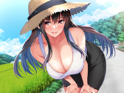 Rule 34 | 1girl, bare shoulders, bent over, black skirt, blurry, blurry background, blush, breasts, brown eyes, brown hair, cloud, cloudy sky, collarbone, commentary request, crop top, day, earrings, field, hat, highres, jewelry, large breasts, long hair, looking at viewer, miniskirt, mole, mole under eye, mountain, open mouth, original, outdoors, rural, skirt, sky, sleeveless, smile, solo, sparkle, straw hat, takoneru, tree