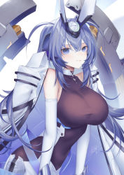 Rule 34 | 1girl, azur lane, bare shoulders, bodystocking, breasts, dmith, elbow gloves, gloves, hair between eyes, headgear, highres, large breasts, long hair, looking at viewer, new jersey (azur lane), purple eyes, purple hair, rigging, signature, simple background, solo, taut clothes, upper body, very long hair, white background, white gloves
