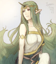 Rule 34 | 1girl, breasts, cm lynarc, commentary, dress, fire emblem, fire emblem echoes: shadows of valentia, green hair, grey background, grey eyes, highres, horns, long hair, medium breasts, mila (fire emblem), nintendo, pointy ears, single-shoulder dress, single bare shoulder, single horn, single sleeve, smile, solo, strapless, tube top, upper body, very long hair