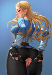 Rule 34 | 1girl, anus, ass, blonde hair, blue background, blue eyes, braid, censored, crotch cutout, fingerless gloves, from behind, gloves, hair ornament, hairclip, lasterk, long hair, long sleeves, looking back, md5 mismatch, mosaic censoring, nintendo, pointy ears, princess zelda, pussy, resized, resolution mismatch, single braid, sky, solo, source larger, spread ass, the legend of zelda, the legend of zelda: breath of the wild, torn clothes