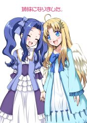 Rule 34 | 2girls, ahoge, blonde hair, blue bow, blue dress, blue hair, blush, bow, check translation, closed eyes, commentary request, dress, feathered wings, filo (tate no yuusha no nariagari), hair bow, hair ornament, hairclip, hidaka rina, highres, holding hands, long hair, marui, melty q melromarc, multiple girls, open mouth, purple ribbon, ribbon, simple background, tate no yuusha no nariagari, teeth, translation request, twintails, uchida maaya, upper teeth only, voice actor connection, white background, white wings, wings