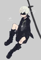 Rule 34 | 1boy, absurdres, black footwear, black gloves, black socks, blindfold, boots, buttons, chain, character name, closed mouth, double-breasted, full body, gloves, grey background, highres, knee boots, kneehighs, long sleeves, male focus, mochizuki kei, nier:automata, nier (series), short hair, simple background, sitting, socks, solo, spread legs, sword, weapon, white hair, yamada kei, 9s (nier:automata)