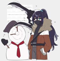 Rule 34 | 1boy, black hair, dante (limbus company), grey pants, high ponytail, highres, hong lu (project moon), hook, jacket, limbus company, long hair, long sleeves, mask, orange jacket, pants, project moon, shiki (shikki46), simple background, snowman, solo, translation request, very long hair, white background