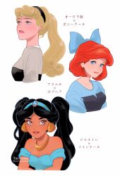 3girls aladdin_(disney) alternate_hair_length alternate_hairstyle ariel_(disney) artist_name aurora_(disney) bare_shoulders black_hair black_hairband blonde_hair blue_bow blue_eyes bow breasts brown_eyes cleavage commentary_request dark-skinned_female dark_skin disney_princess earrings hair_bow hairband highres jasmine_(disney) jewelry long_hair medium_breasts medium_hair multiple_girls necklace parted_lips pink_lips ponytail purple_eyes red_hair red_lips sleeping_beauty tarolotta the_little_mermaid translation_request twintails watermark