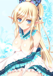 Rule 34 | 1girl, blonde hair, blue background, blue eyes, blush, breasts, breasts out, butterfly hair ornament, cowboy shot, dress, earrings, elbow gloves, elf, frilled dress, frills, gloves, hair ornament, highres, isa (ni-iro), jewelry, kirika towa alma, long hair, medium breasts, pointy ears, ponytail, shining (series), shining resonance, shiny skin, solo, triangle earrings, white dress, white gloves