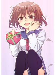 Rule 34 | blush, brown eyes, gift, ikazuchi (kancolle), kantai collection, personification, school uniform, short hair, skirt, smjle