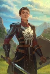 Rule 34 | 1girl, armor, artist name, belt, black hair, blue sky, brown belt, brown eyes, brown gloves, cassandra pentaghast, cloud, day, dragon age, gloves, grass, highres, holding, holding shield, holding sword, holding weapon, looking at viewer, mountainous horizon, nozomi-mats, outdoors, shield, short hair, sky, solo, sword, weapon