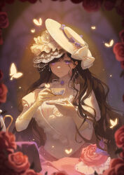Rule 34 | 1girl, absurdres, black hair, blurry, blurry background, blurry foreground, bow, bug, butterfly, closed mouth, cup, dress, dress flower, fio (kpsmile), flower, gloves, glowing butterfly, gown, hands up, hat, hat bow, highres, holding, holding cup, holding saucer, insect, isolde (reverse:1999), juliet sleeves, light particles, long hair, long sleeves, looking at viewer, pink flower, pink rose, puffy sleeves, purple background, purple eyes, reverse:1999, rose, saucer, smile, solo, teacup, tilted headwear, upper body, white bow, white dress, white hat, white veil, yellow gloves