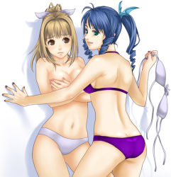 Rule 34 | 00s, 2girls, against wall, back, bad id, bad pixiv id, bat wings, bikini, blonde hair, blue eyes, blue hair, blue nails, blush, breast hold, breasts, brown eyes, brown hair, butt crack, cleavage, covering privates, covering breasts, drill hair, front-tie top, green eyes, hair ribbon, head wings, large breasts, looking back, marin (marine-sky-earth), marin (umi monogatari), medium breasts, multiple girls, nail polish, navel, ohse, pink nails, ponytail, ribbon, smile, swimsuit, topless, umi monogatari, warin, wings, yuri