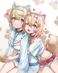 Rule 34 | 2girls, :3, :d, ;d, animal ear fluff, animal ears, arms around waist, belt, belt collar, black collar, blue belt, blue eyes, blue hair, blush, breasts, closed mouth, collar, cropped shirt, dog ears, dog girl, dog tail, fuwawa abyssgard, fuwawa abyssgard (1st costume), hair ornament, hairpin, highres, hololive, hololive english, hug, large breasts, long hair, looking at another, looking at viewer, medium hair, midriff, mococo abyssgard, mococo abyssgard (1st costume), multicolored hair, multiple girls, navel, one eye closed, open mouth, paw print, paw print background, pink belt, pink eyes, pink hair, shirt, short shorts, shorts, siblings, sisters, skirt, skirt set, small breasts, smile, streaked hair, tail, tenchi mayo, twins, virtual youtuber, white shirt, white shorts, white skirt, x hair ornament