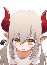 Rule 34 | 1girl, blush, curled horns, demon girl, demon horns, demon tail, downblouse, emma august, eyeharmheart, from above, grey hair, hair between eyes, highres, horns, long hair, looking at viewer, nijisanji, pointy ears, red horns, shirt, signature, simple background, solo, star-shaped pupils, star (symbol), symbol-shaped pupils, t-shirt, tail, virtual youtuber, white background, white shirt, yellow eyes