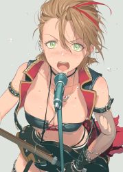 Rule 34 | 10s, 1girl, arm belt, arm strap, bandeau, black gloves, black neckwear, black skirt, blush, breasts, brown hair, cable, choker, cleavage, collarbone, cowboy shot, cropped jacket, cross-laced clothes, daifukumochi (qquuiieett), ear piercing, earrings, electric guitar, eyelashes, fingerless gloves, gloves, green eyes, guitar, hair between eyes, highres, holding, holding instrument, idolmaster, idolmaster cinderella girls, instrument, jacket, jewelry, kimura natsuki, left-handed, looking at viewer, looking back, medium breasts, microphone, microphone stand, miniskirt, multicolored hair, music, open clothes, open jacket, open mouth, piercing, playing instrument, pleated skirt, red hair, rocking, short hair, simple background, singing, skirt, sleeveless, sleeveless jacket, solo, streaked hair, stud earrings, studded armlet, studded jacket, studded skirt, sweat, sweatdrop, teeth, thigh strap, thighhighs, torn clothes, two-tone hair, water drop